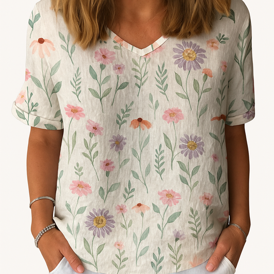 Women's Vintage Floral Cotton-Linen Shirt – Casual Art Print Blouse