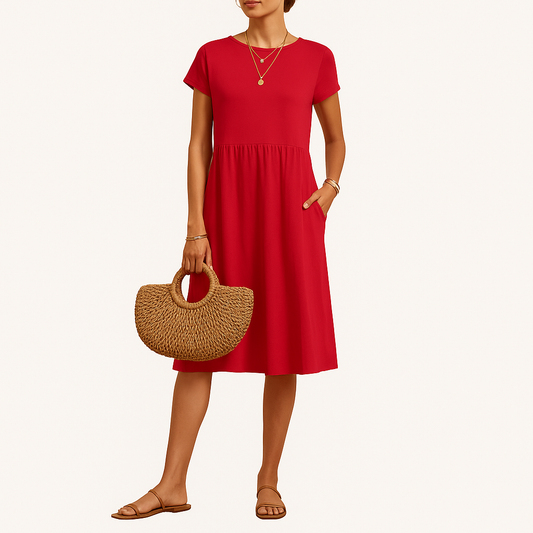 Women's Cotton-Linen Midi Dress – Short Sleeve Summer Casual Wear