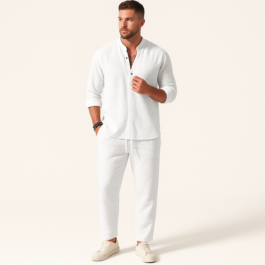 Men’s Cotton - Linen Loungewear Set – V-Neck Long Sleeve Top & Drawstring Trousers